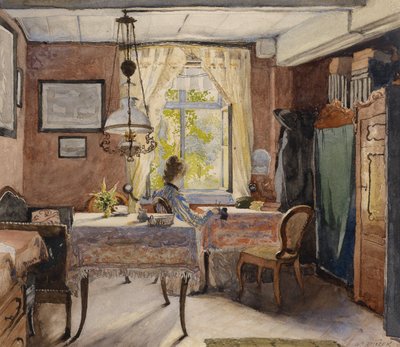 Intérieur ensoleillé avec une femme à la fenêtre - Carl Wenzel Zajicek